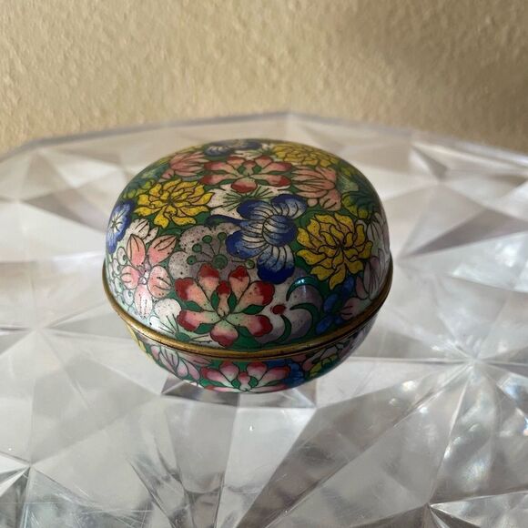Cloisonné Bird Egg Blue Enamel Floral Vintage Trinket Round Box - Picture 3 of 11